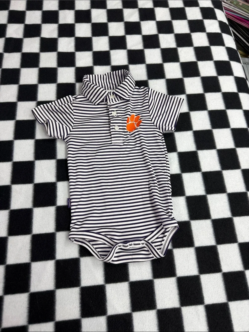 Navy & White Striped Polo Bodysuit with Orange Paw